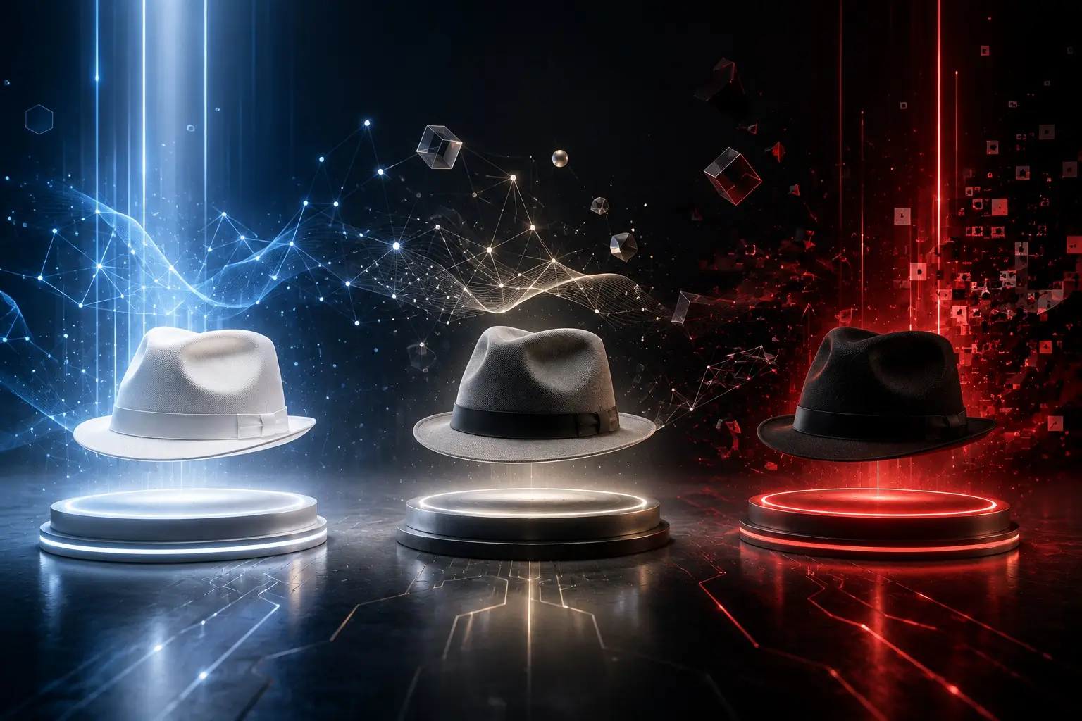 Illustration zu White Hat, Grey Hat und Black Hat SEO: drei Hüte in Weiß, Grau und Schwarz über einem Farbverlauf, der von nachhaltig zu riskant reicht.