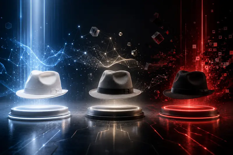 Illustration zu White Hat, Grey Hat und Black Hat SEO: drei Hüte in Weiß, Grau und Schwarz über einem Farbverlauf, der von nachhaltig zu riskant reicht.