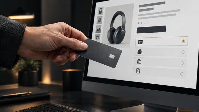 Hand mit einer Bankkarte vor einem Bildschirm, auf dem ein Onlineshop einen Kopfhörer und eine Auswahl an Zahlungsarten mit Symbolen für Karte, Geldbörse, Bank und Rechnung zeigt.