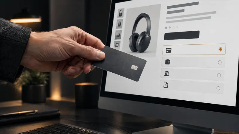 Hand mit einer Bankkarte vor einem Bildschirm, auf dem ein Onlineshop einen Kopfhörer und eine Auswahl an Zahlungsarten mit Symbolen für Karte, Geldbörse, Bank und Rechnung zeigt.