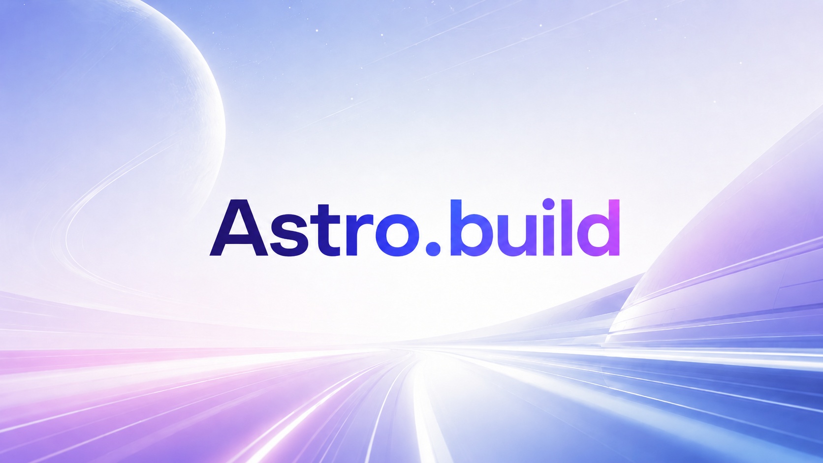 Helle, futuristische Illustration in Violett- und Blautönen mit dem großen Schriftzug Astro in der Mitte, dahinter ein beringter Planet und nach vorn rasende Lichtspuren als Sinnbild für Geschwindigkeit.