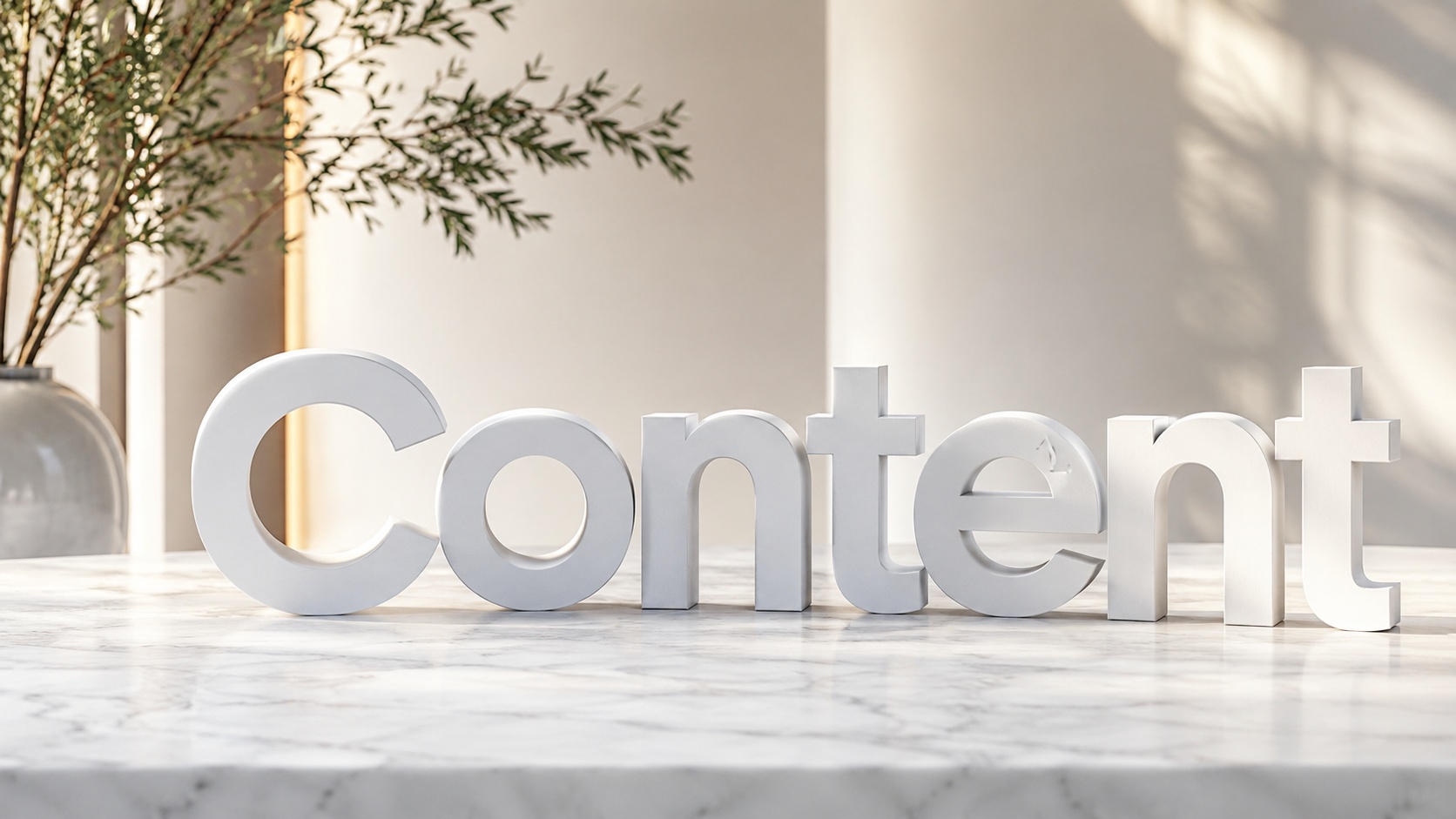 Das Wort „Content“ als 3D-Schriftzug auf einem Marmortisch neben einem Olivenzweig.