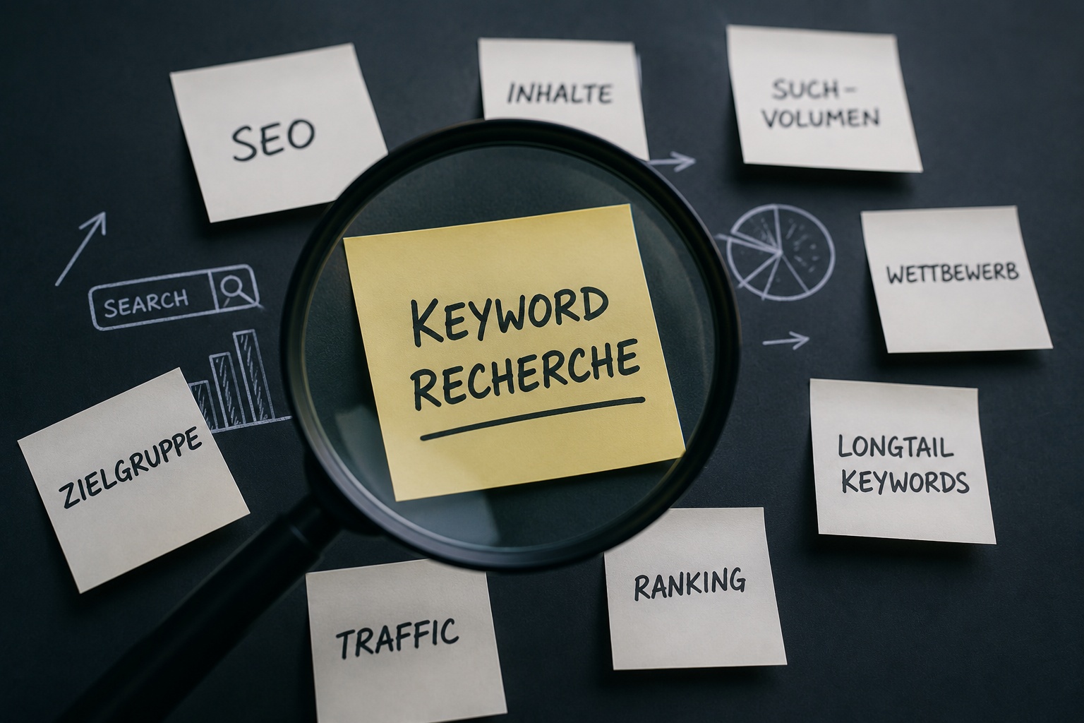 Lupe über einem gelben Notizzettel mit der Aufschrift „Keyword Recherche“, umgeben von Zetteln wie SEO, Inhalte, Suchvolumen, Wettbewerb und Longtail Keywords.