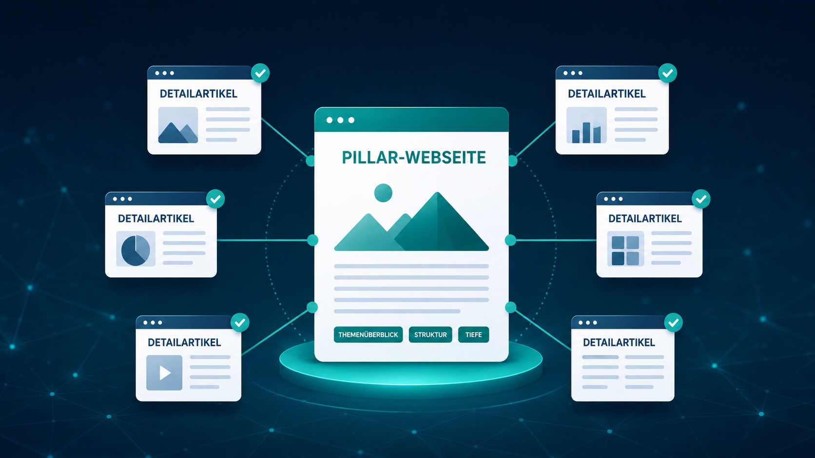 Dunkelblaue Illustration eines Topic-Clusters: eine zentrale „Pillar-Webseite“ ist über Linien mit sechs umliegenden „Detailartikel“-Kacheln verbunden.
